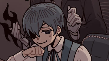 digital drawing of ciel phantomhive at his desk and sebastian michaelis standing behind him